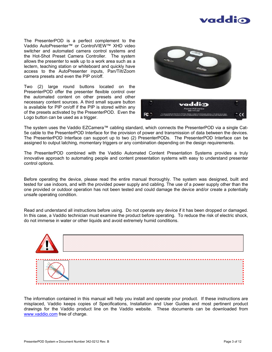Intended use, Important safeguards, Save these instructions | Vaddio PresenterPOD System User Manual | Page 3 / 12