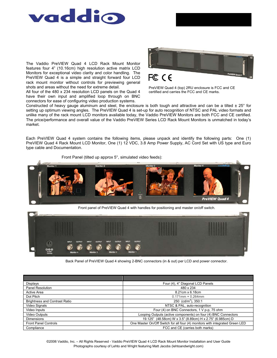 Vaddio PreVIEW Quad 4 Monitor User Manual | 2 pages