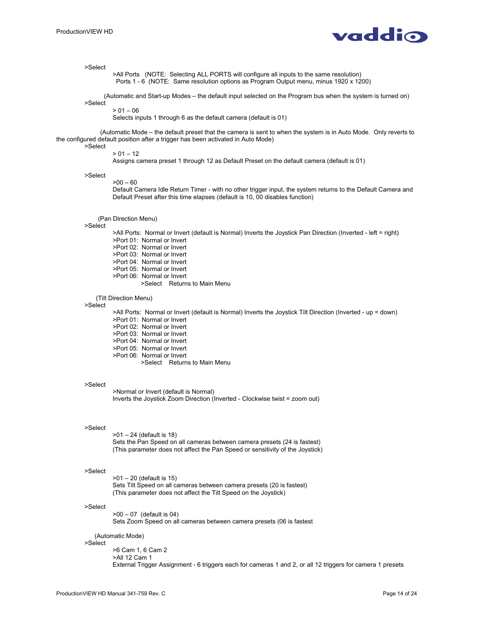 Vaddio ProductionVIEW HD User Manual | Page 14 / 24