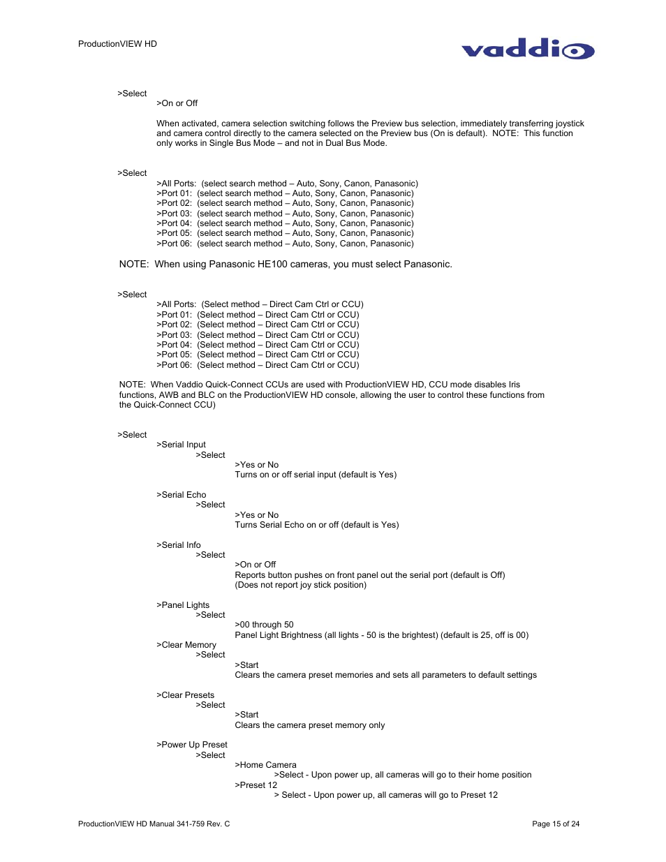 Vaddio ProductionVIEW HD User Manual | Page 15 / 24