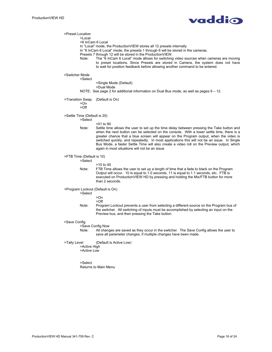 Vaddio ProductionVIEW HD User Manual | Page 16 / 24