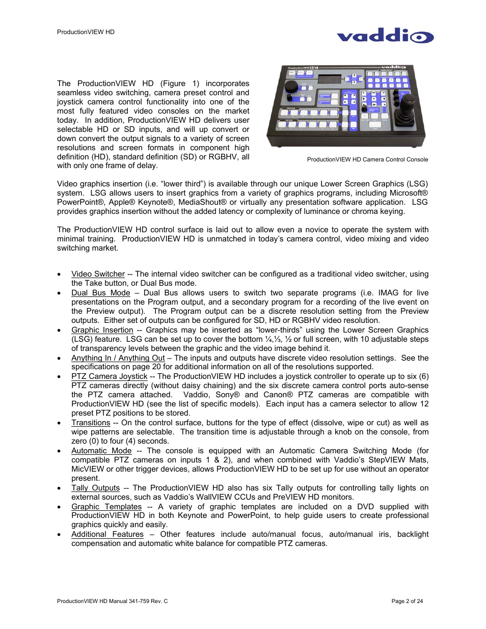 Productionview hd overview | Vaddio ProductionVIEW HD User Manual | Page 2 / 24