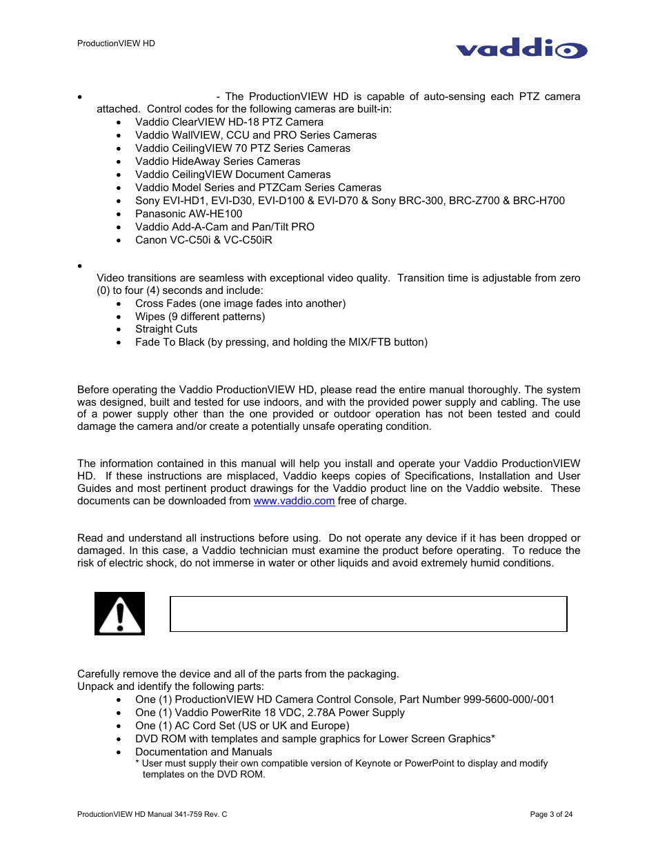 Vaddio ProductionVIEW HD User Manual | Page 3 / 24