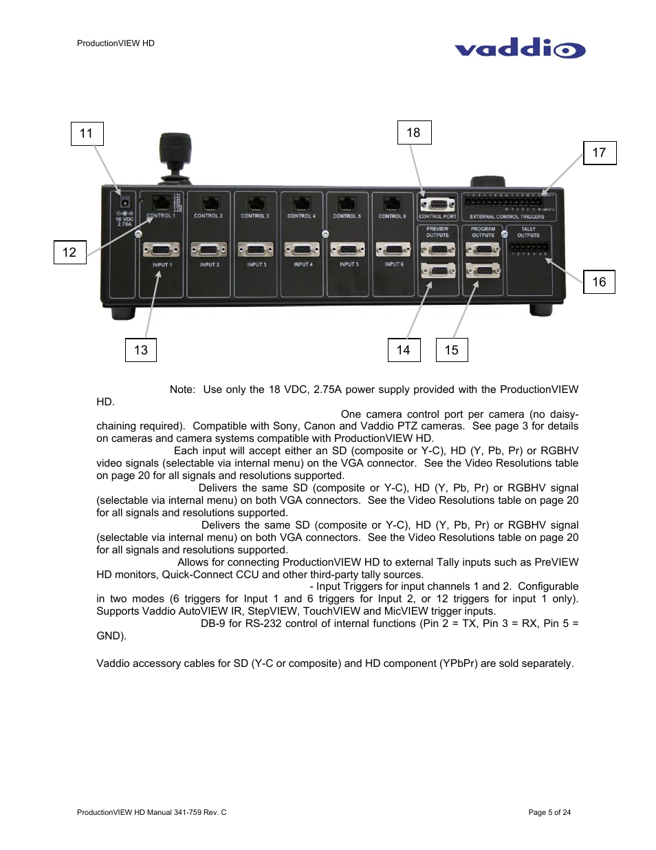 Vaddio ProductionVIEW HD User Manual | Page 5 / 24
