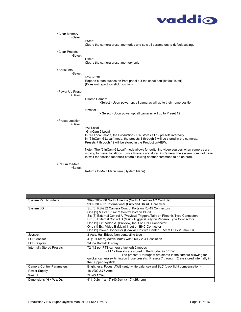 Vaddio ProductionVIEW Super Joystick User Manual | Page 11 / 16