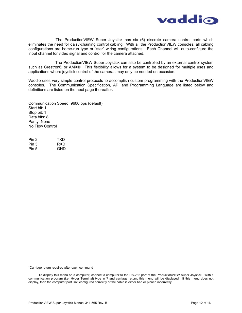 Vaddio ProductionVIEW Super Joystick User Manual | Page 12 / 16
