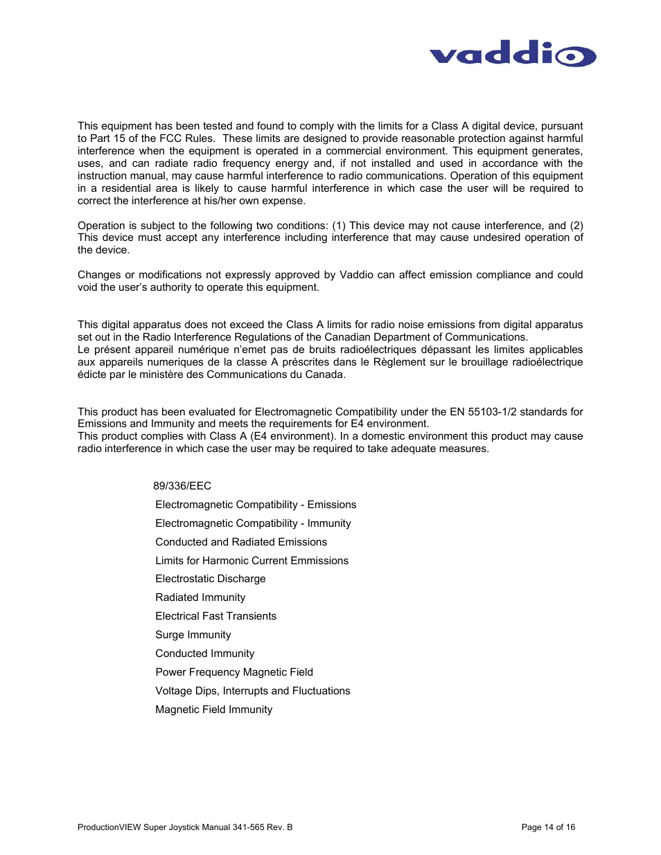 Vaddio ProductionVIEW Super Joystick User Manual | Page 14 / 16