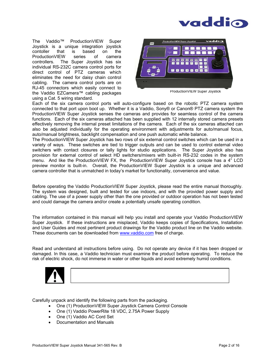 Overview | Vaddio ProductionVIEW Super Joystick User Manual | Page 2 / 16