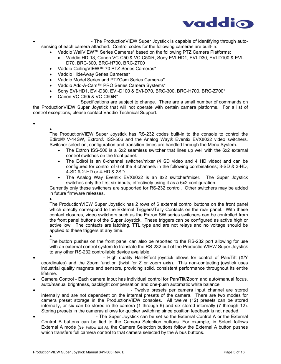 Vaddio ProductionVIEW Super Joystick User Manual | Page 3 / 16