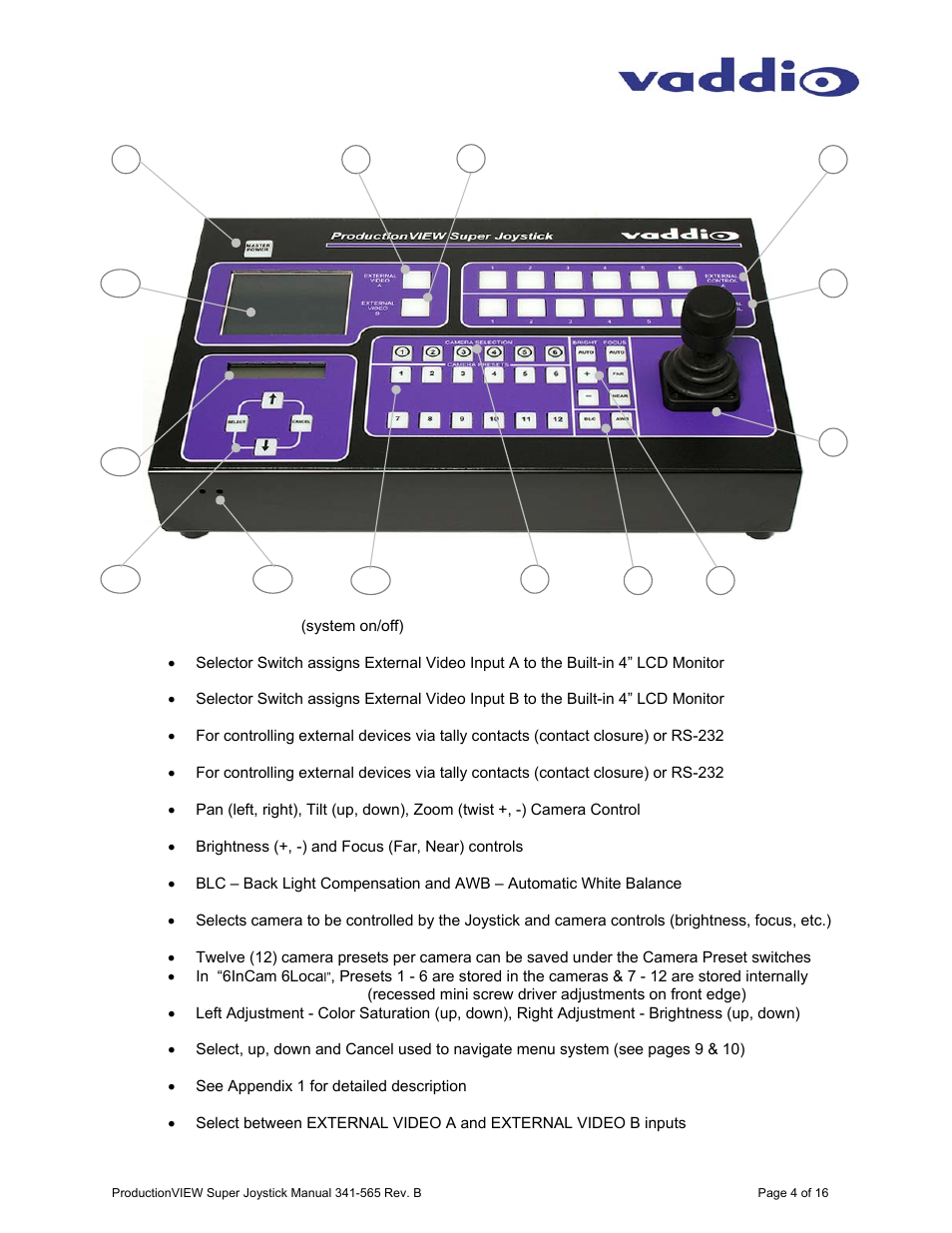 Vaddio ProductionVIEW Super Joystick User Manual | Page 4 / 16