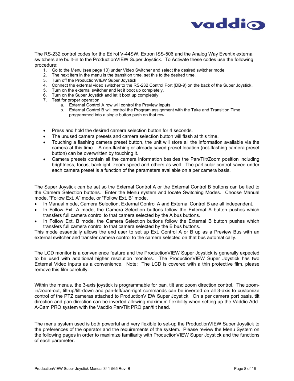 Vaddio ProductionVIEW Super Joystick User Manual | Page 8 / 16