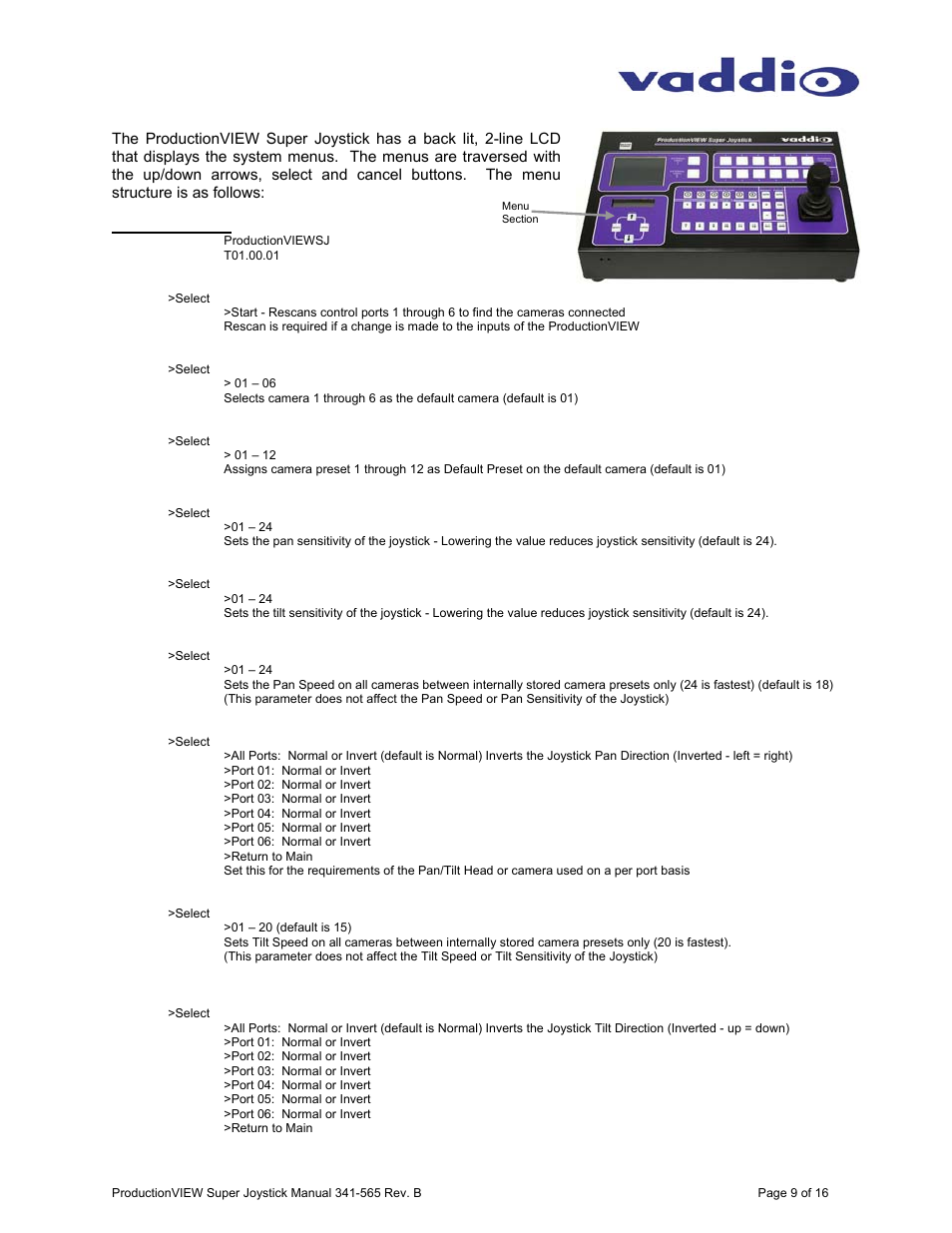 Vaddio ProductionVIEW Super Joystick User Manual | Page 9 / 16