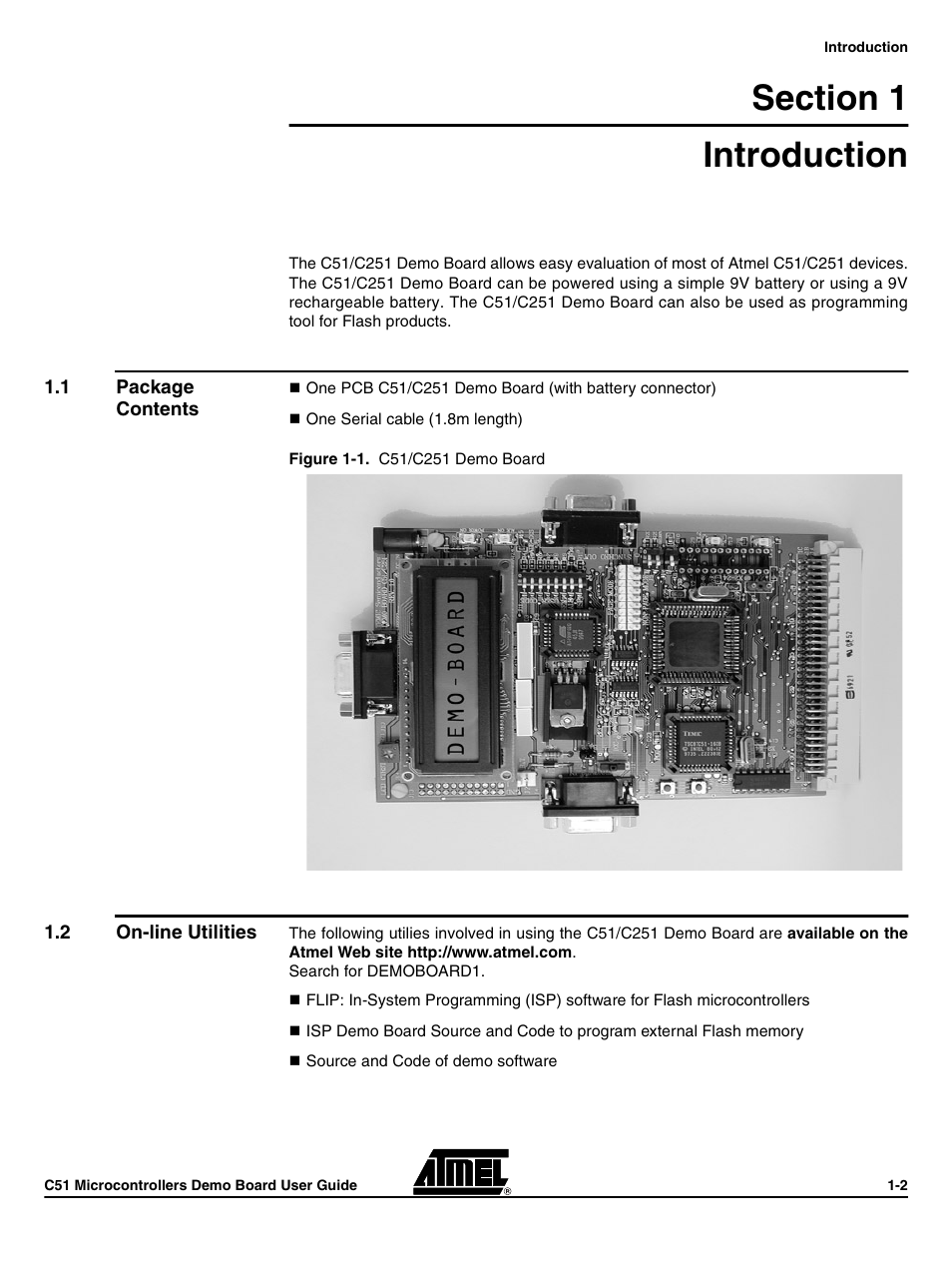 Introduction, 1 package content, 2 on-line utilities | Section 1 introduction, C51/c251 support -2 | Atmel C51 User Manual | Page 5 / 27