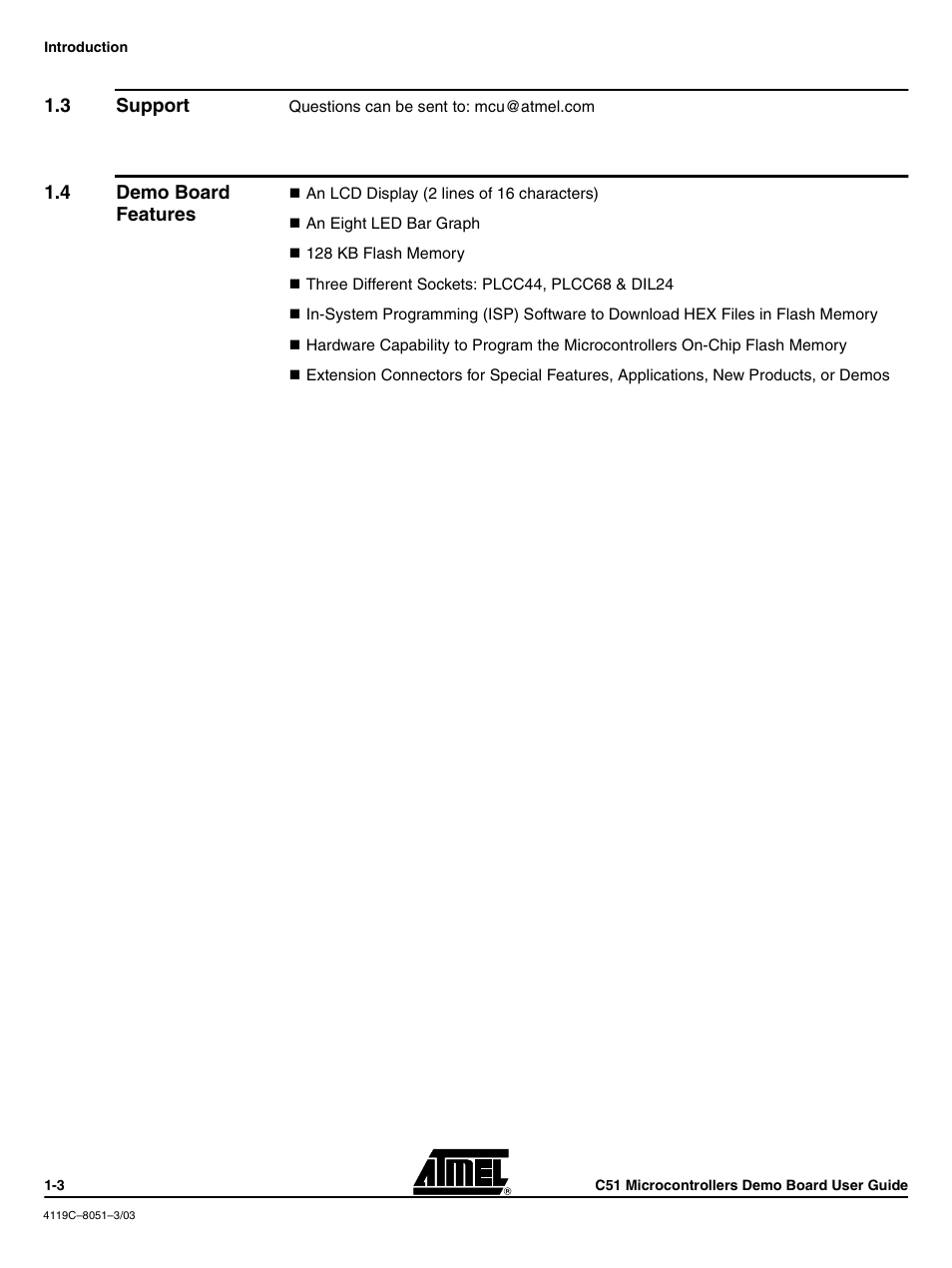 3 support, 4 demo board features, Demo board features -3 | Atmel C51 User Manual | Page 6 / 27