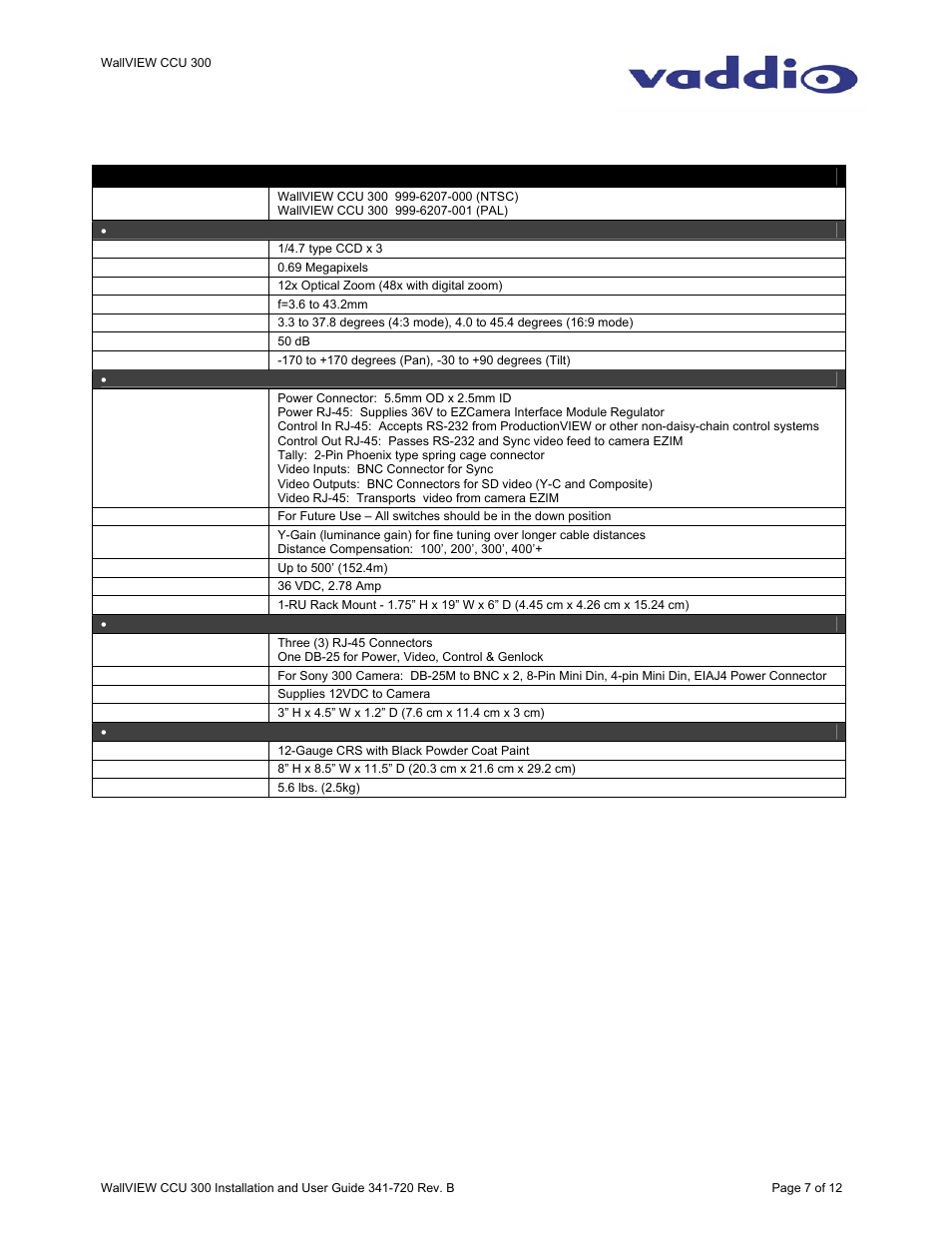 General specifications | Vaddio WallVIEW CCU 300 User Manual | Page 7 / 12