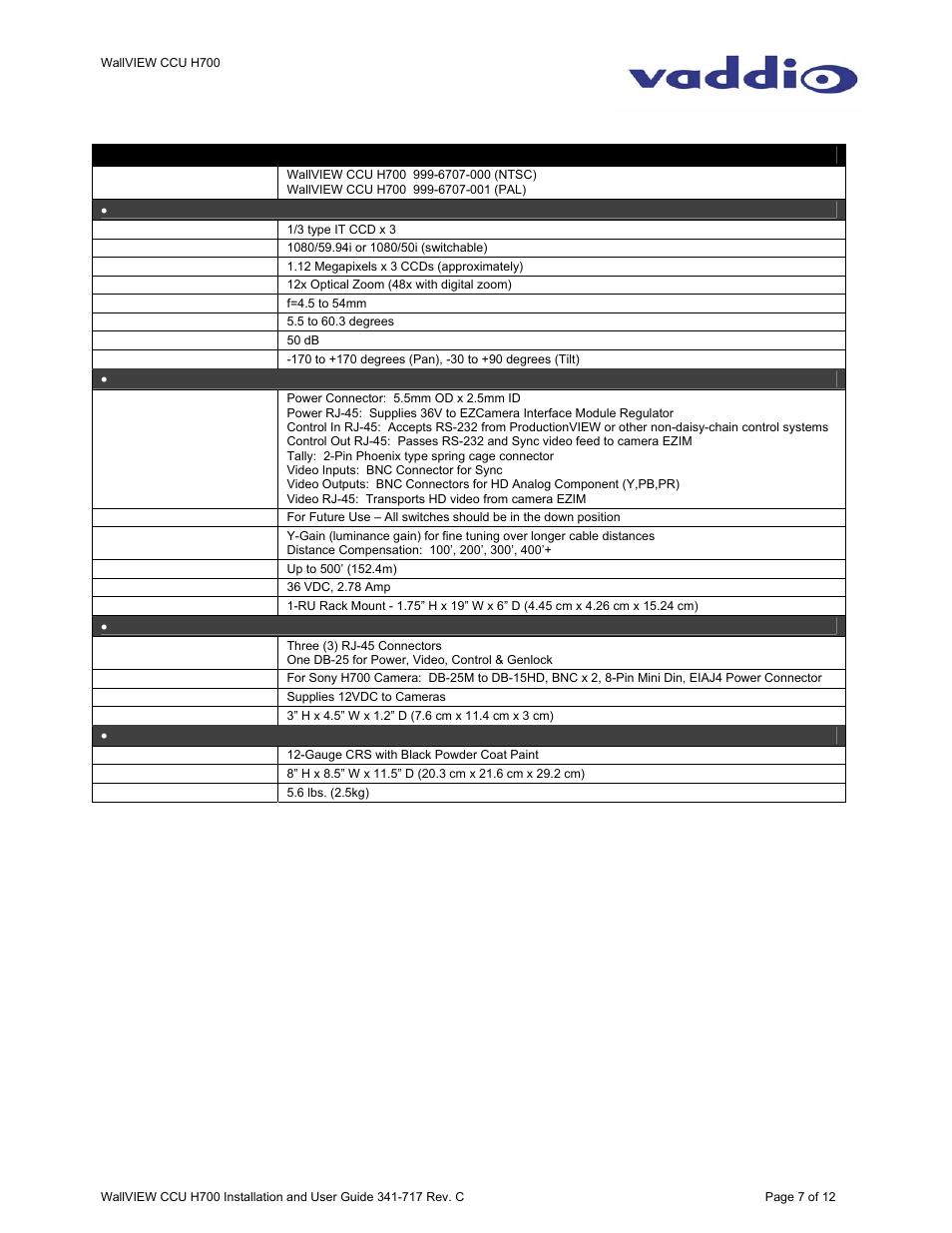 General specifications | Vaddio WallVIEW CCU H700 User Manual | Page 7 / 12