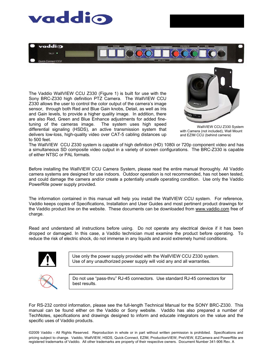 Vaddio WallVIEW CCU Z330 User Manual | 12 pages