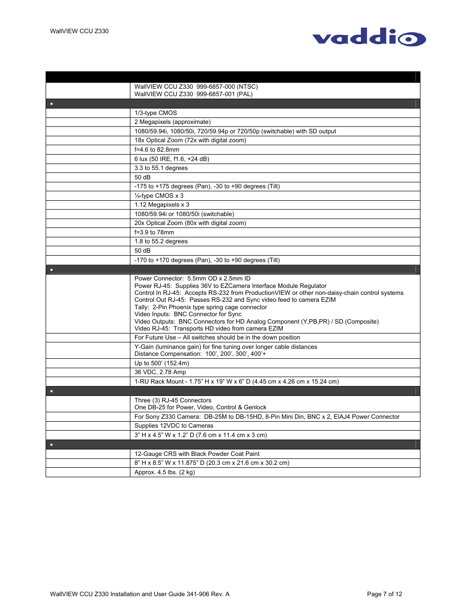General specifications | Vaddio WallVIEW CCU Z330 User Manual | Page 7 / 12