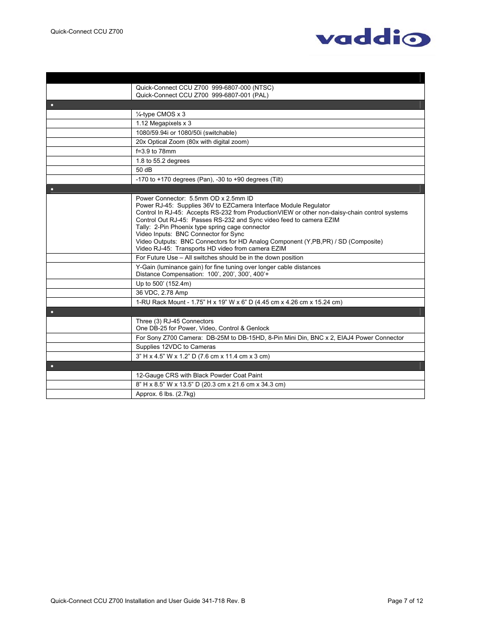 General specifications | Vaddio WallVIEW CCU Z700 User Manual | Page 7 / 12