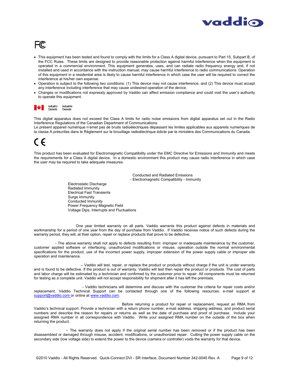 Warranty information | Vaddio Quick-Connect DVI-HDMI SR User Manual | Page 9 / 12