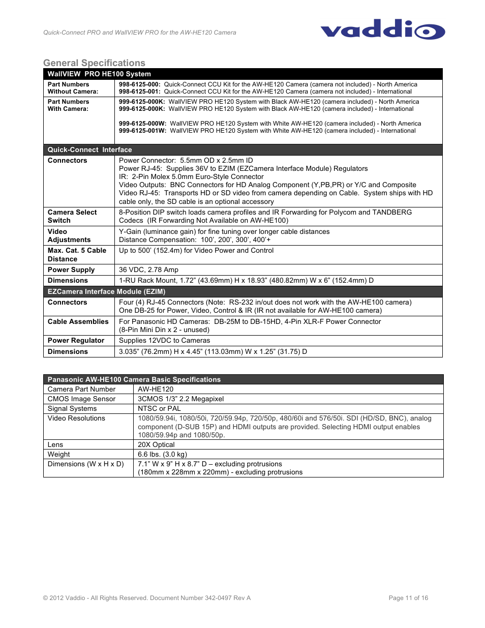General specifications | Vaddio Quick-Connect PRO and WallVIEW PRO for AW HE120 User Manual | Page 11 / 16