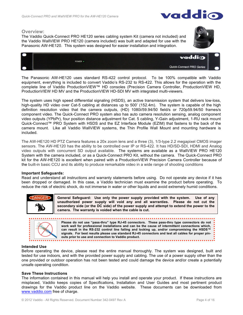 Overview | Vaddio Quick-Connect PRO and WallVIEW PRO for AW HE120 User Manual | Page 4 / 16