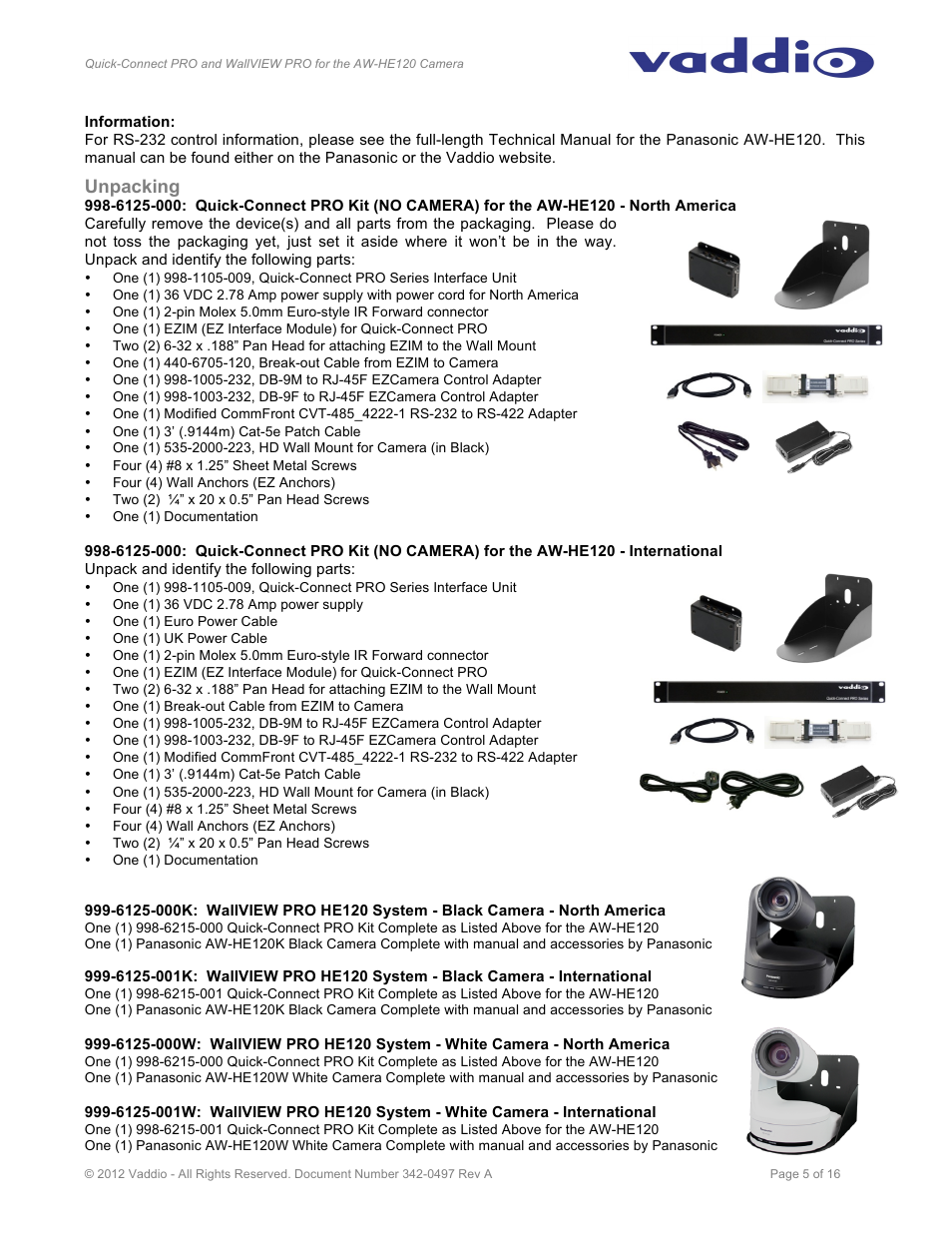 Unpacking | Vaddio Quick-Connect PRO and WallVIEW PRO for AW HE120 User Manual | Page 5 / 16