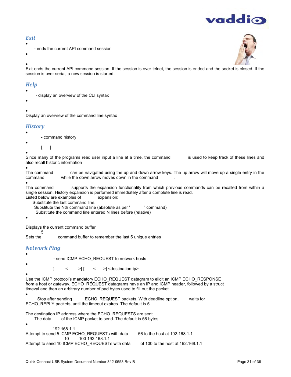 Exit, Help, History | Network ping | Vaddio Quick-Connect USB User Manual | Page 31 / 36