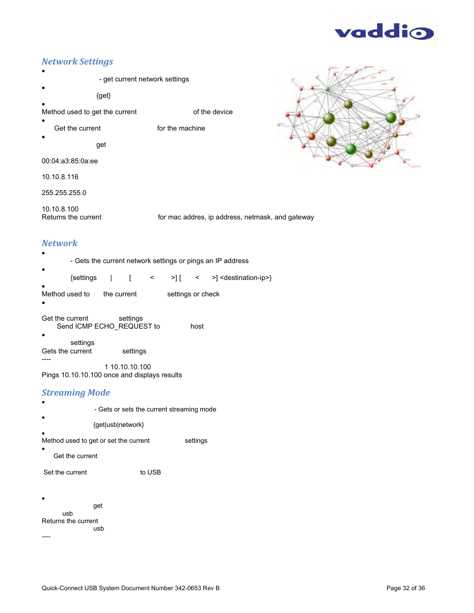 Network settings, Network, Streaming mode | Vaddio Quick-Connect USB User Manual | Page 32 / 36