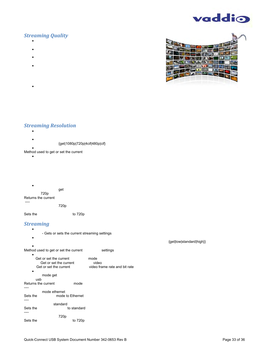 Streaming quality, Streaming resolution, Streaming | Vaddio Quick-Connect USB User Manual | Page 33 / 36