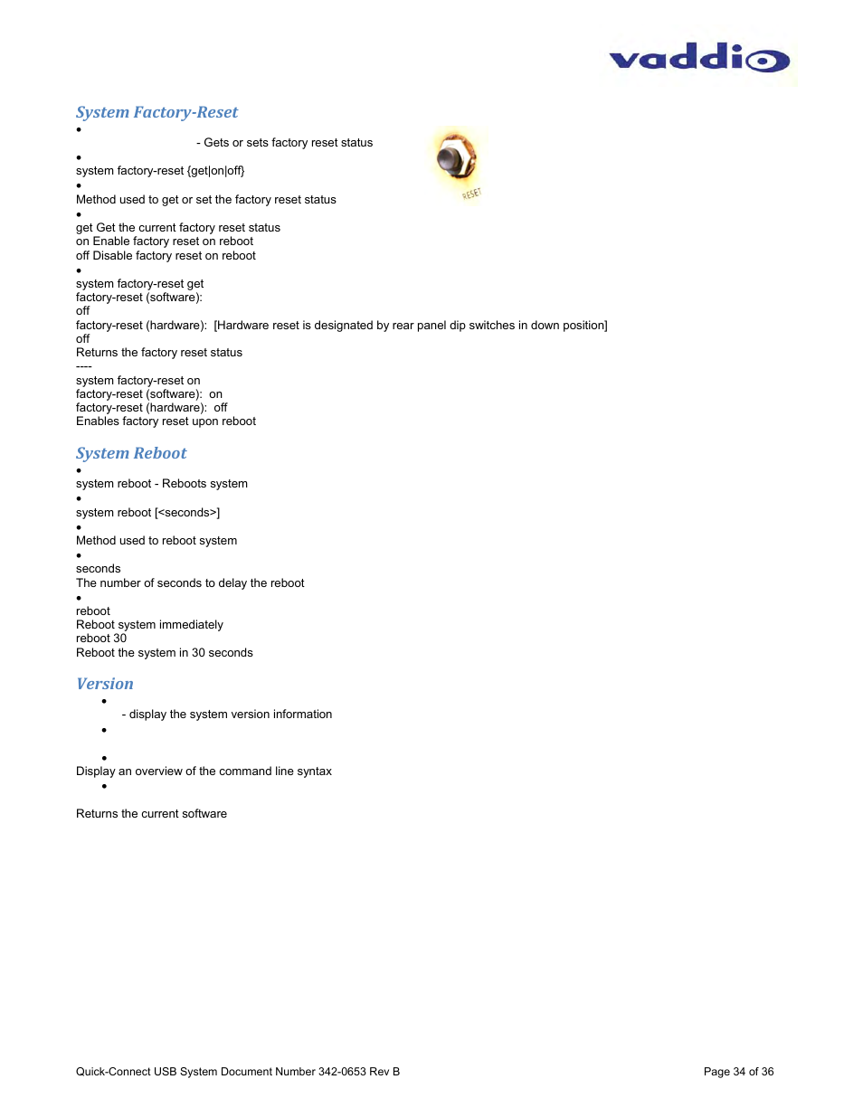 System factory‐reset, System reboot, Version | Vaddio Quick-Connect USB User Manual | Page 34 / 36