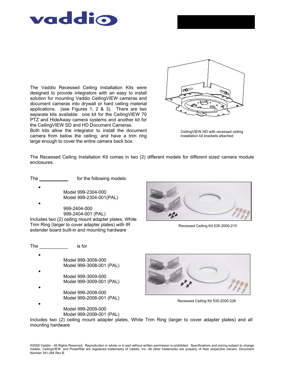 Vaddio Recessed Ceiling Conversion User Manual | 6 pages