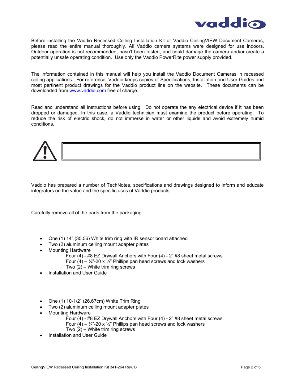 Vaddio Recessed Ceiling Conversion User Manual | Page 2 / 6