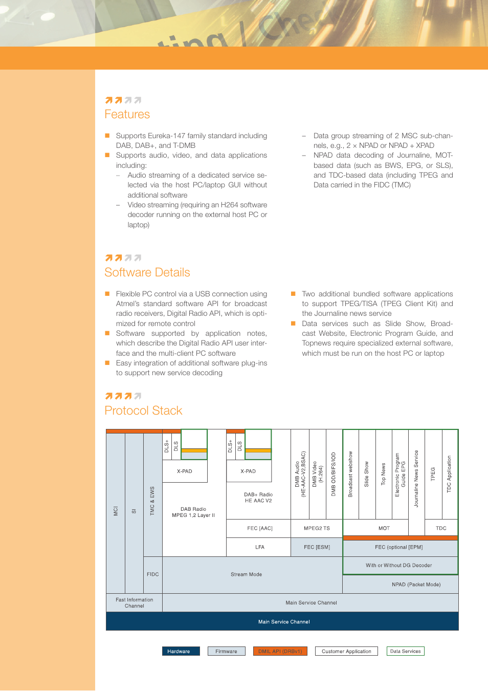 Features software details protocol stack | Atmel Automotive Broadcast Radio User Manual | Page 2 / 4