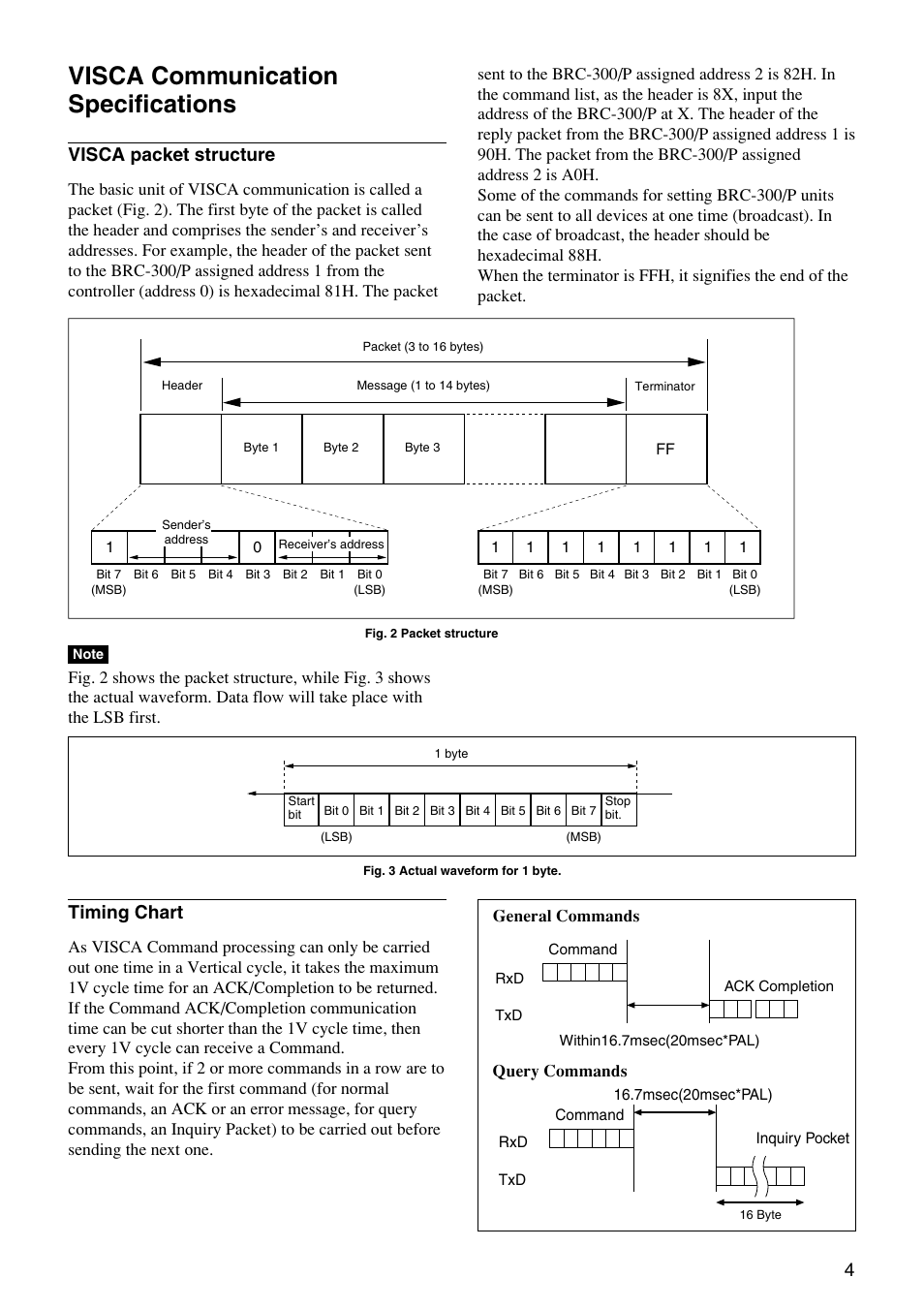 Visca communication specifications, Visca packet structure, Timing chart | Vaddio Sony BRC-300 User Manual | Page 4 / 23