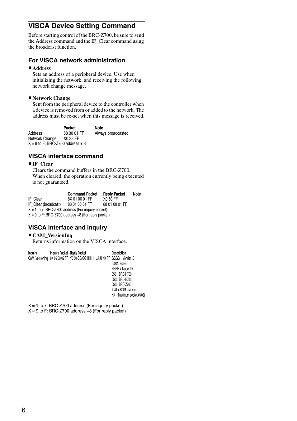 Visca device setting command | Vaddio Sony BRC-Z700 User Manual | Page 6 / 28