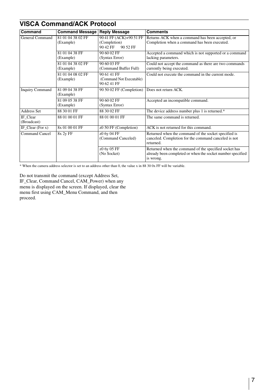 Visca command/ack protocol | Vaddio Sony BRC-Z700 User Manual | Page 7 / 28