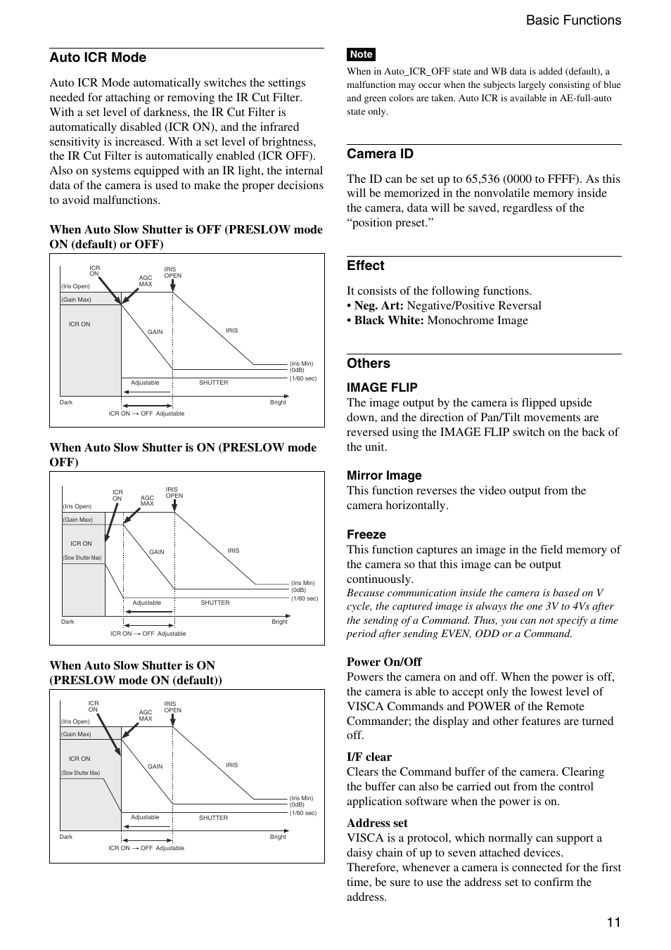 11 basic functions, Auto icr mode, Camera id | Effect, Others | Vaddio Sony EVI-D70 PTZ Camera User Manual | Page 11 / 61