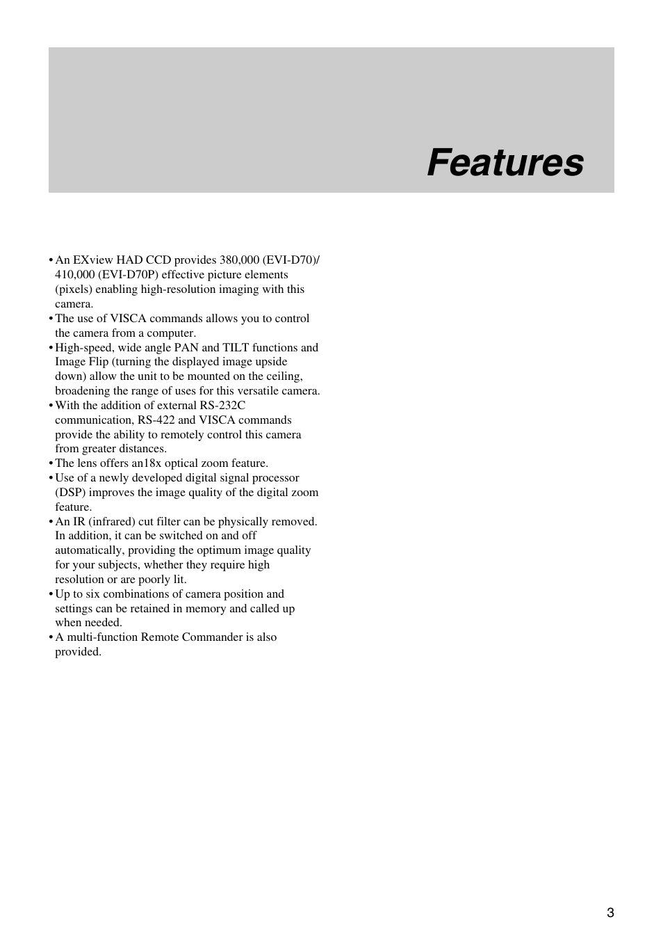 Features | Vaddio Sony EVI-D70 PTZ Camera User Manual | Page 3 / 61