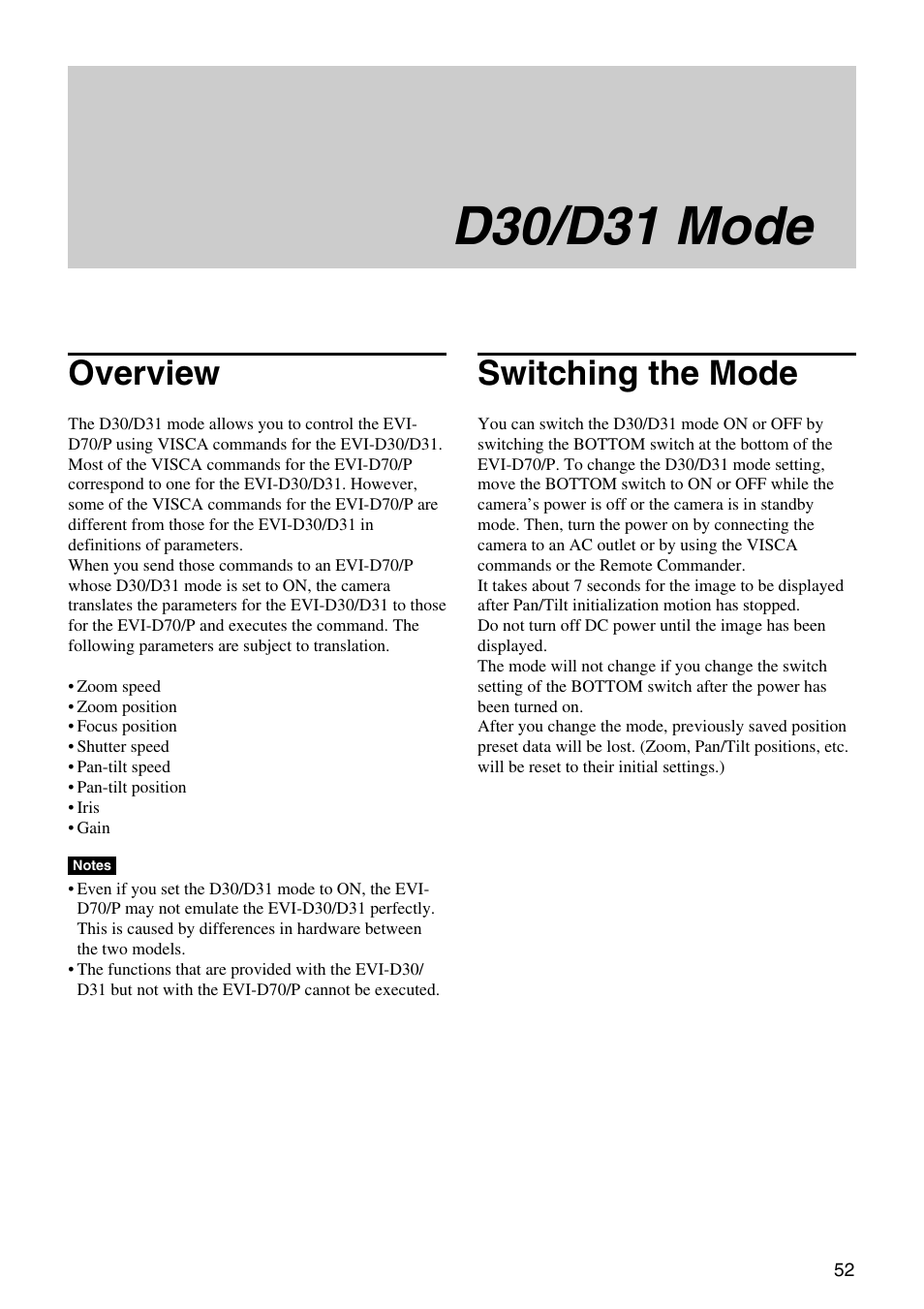 D30/d31 mode, Overview, Switching the mode | Overview switching the mode | Vaddio Sony EVI-D70 PTZ Camera User Manual | Page 52 / 61