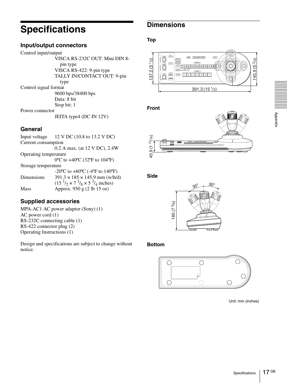 Specifications, Dimensions, Input/output connectors | General, Supplied accessories, Front bottom side top | Vaddio Sony RMBR-300 Tech User Manual | Page 17 / 76