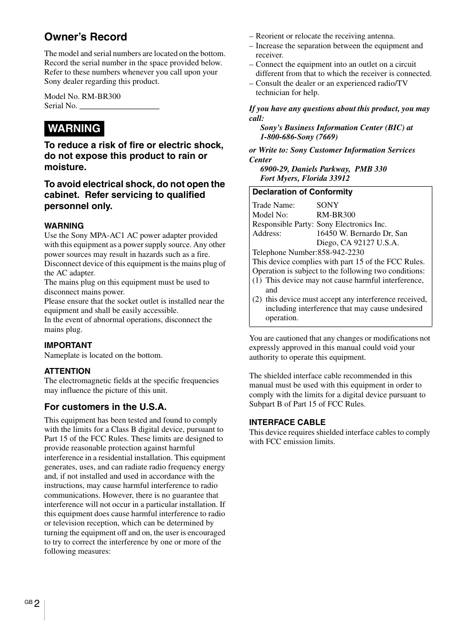 Owner’s record, Warning | Vaddio Sony RMBR-300 Tech User Manual | Page 2 / 76