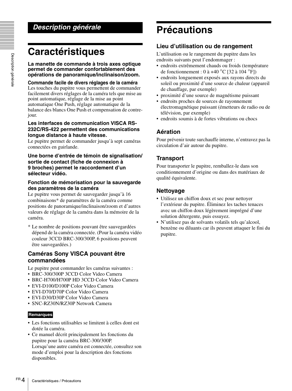 Description générale, Caractéristiques, Précautions | Caractéristiques précautions | Vaddio Sony RMBR-300 Tech User Manual | Page 22 / 76