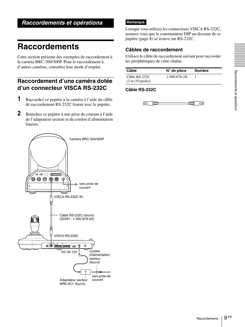 Raccordements et opérations, Raccordements, Raccordement d’une caméra dotée d’un | Connecteur visca rs-232c, Câbles de raccordement | Vaddio Sony RMBR-300 Tech User Manual | Page 27 / 76