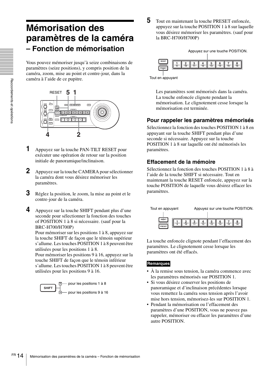 Mémorisation des paramètres de la caméra, Fonction de mémorisation, Pour rappeler les paramètres mémorisés | Effacement de la mémoire, Remarques | Vaddio Sony RMBR-300 Tech User Manual | Page 32 / 76