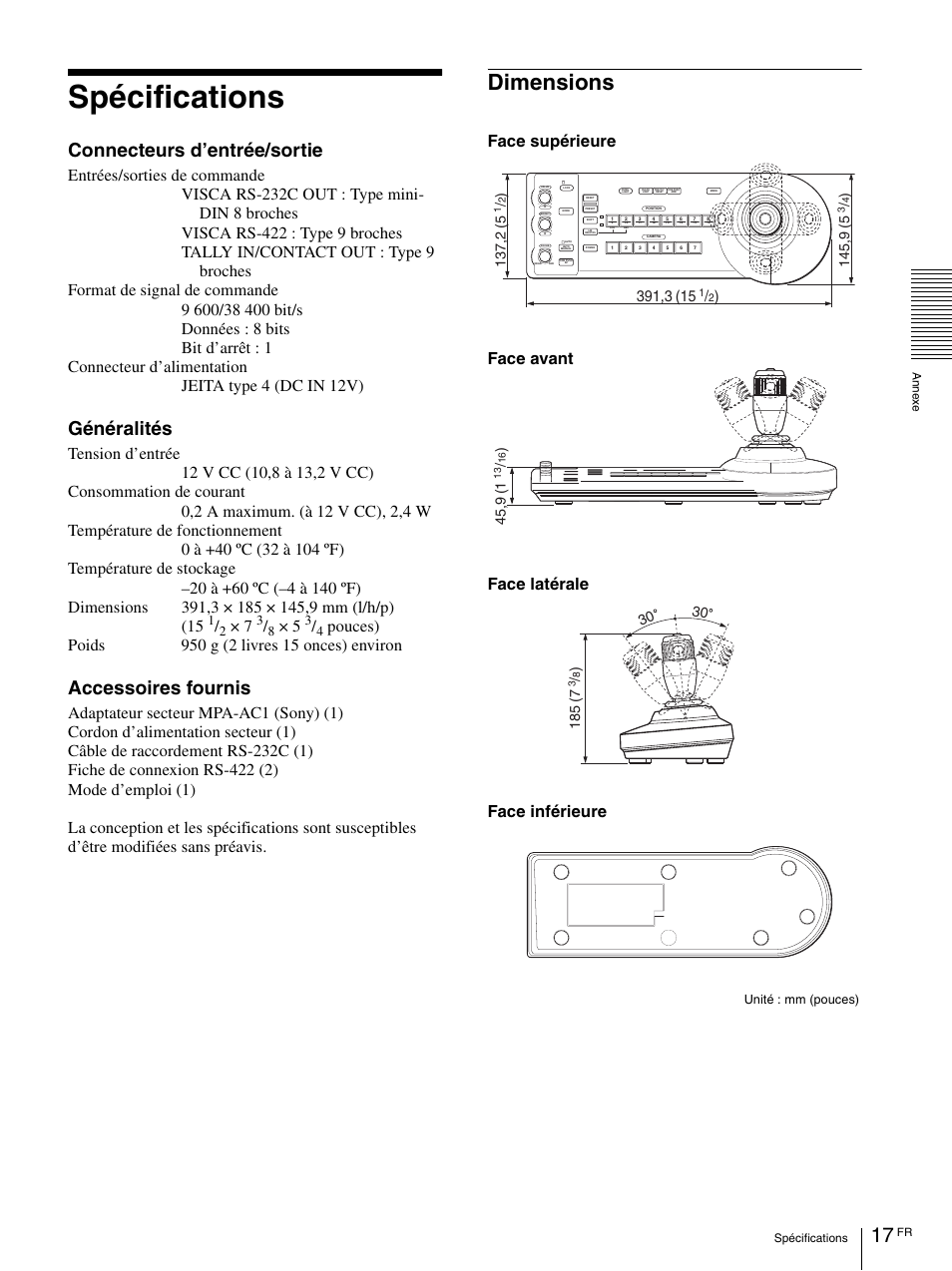 Spécifications, Dimensions, Connecteurs d’entrée/sortie | Généralités, Accessoires fournis | Vaddio Sony RMBR-300 Tech User Manual | Page 35 / 76