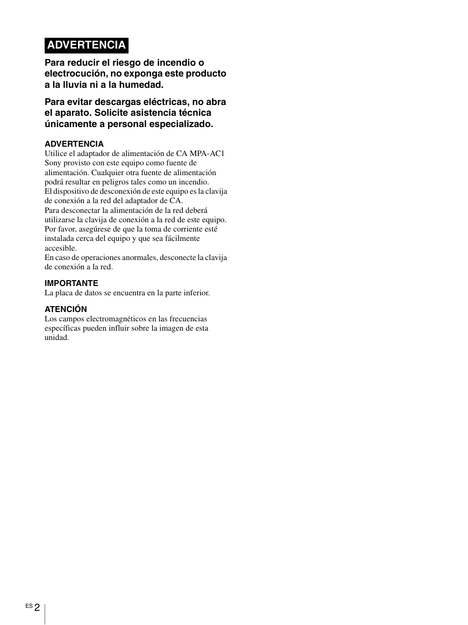 Advertencia | Vaddio Sony RMBR-300 Tech User Manual | Page 38 / 76