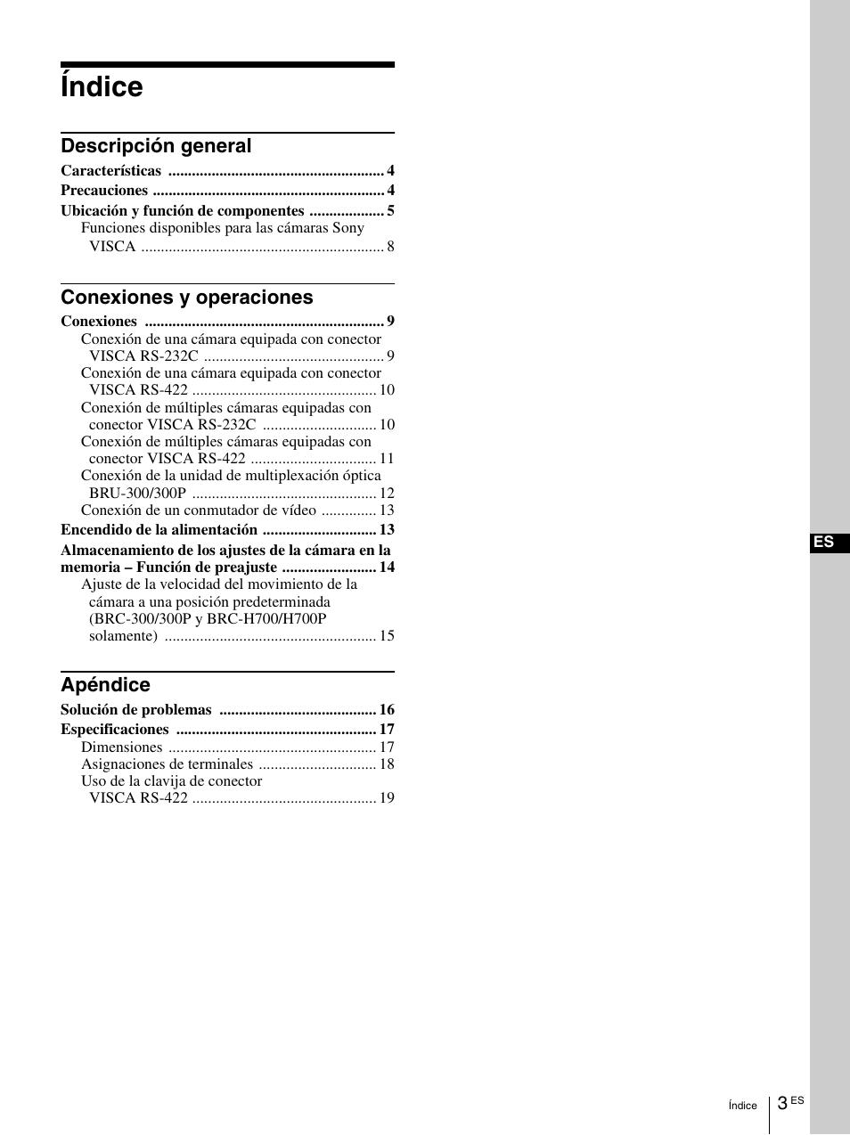 Índice, Descripción general, Conexiones y operaciones | Apéndice | Vaddio Sony RMBR-300 Tech User Manual | Page 39 / 76