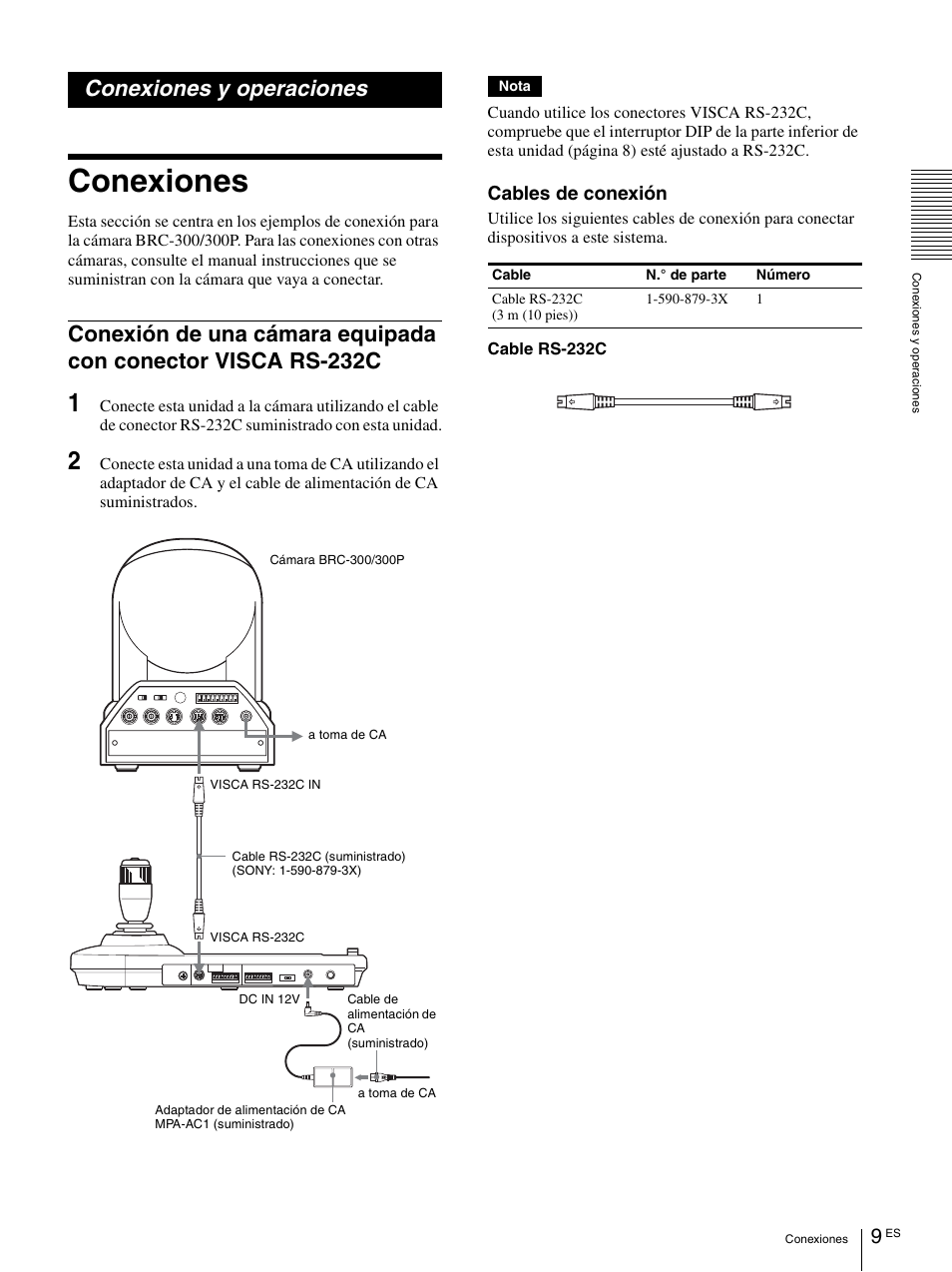 Conexiones y operaciones, Conexiones, Conexión de una cámara equipada con conector | Visca rs-232c, Cables de conexión | Vaddio Sony RMBR-300 Tech User Manual | Page 45 / 76