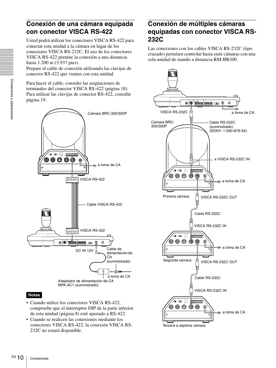 Conexión de una cámara equipada con conector, Visca rs-422, Conexión de múltiples cámaras equipadas con | Conector visca rs-232c, Notas | Vaddio Sony RMBR-300 Tech User Manual | Page 46 / 76